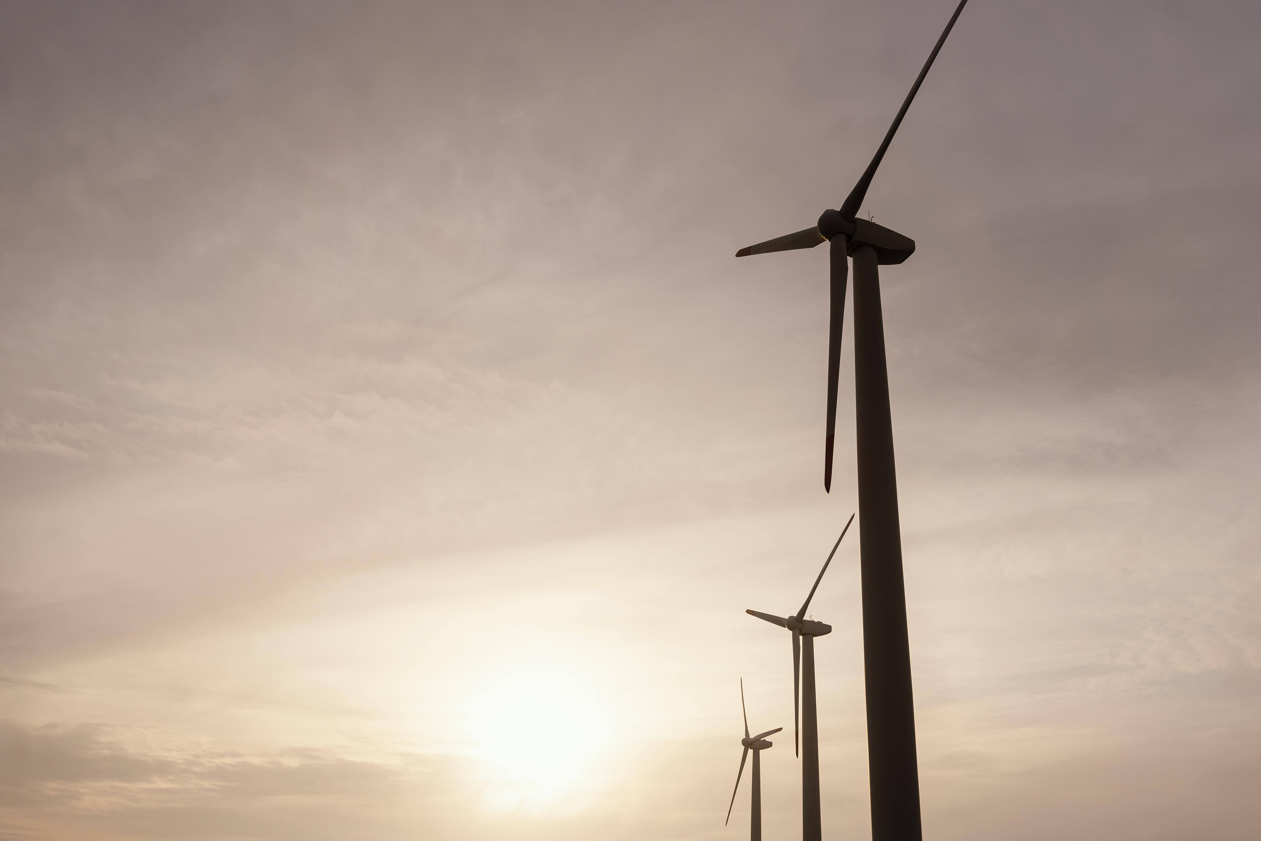 Photo de trois éoliennes avec soleil en arrière plan 