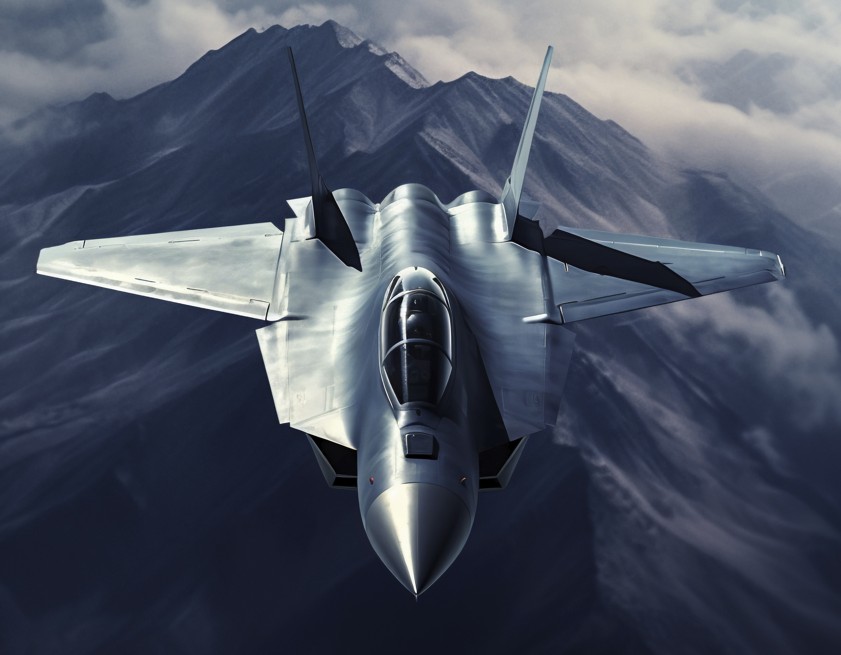 avion de chasse dans le ciel montagne en fond 
